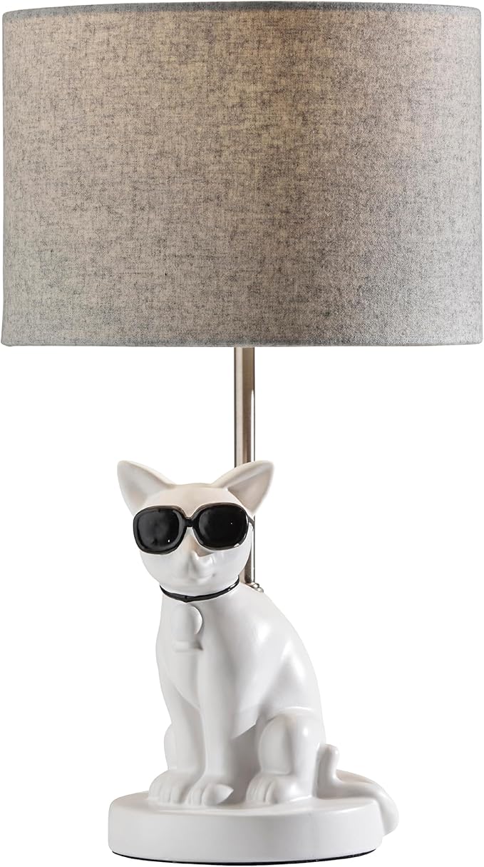 Adesso Sunny Cat Table Lamp – White Ceramic Novelty Lamp for Bedroom and Office Lighting or Living Room Décor, 18” x 10”