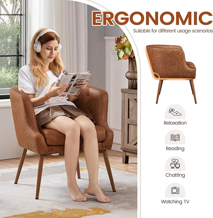 Yaheetech Modern Accent Chair, PU Leather Retro Armchair, Upholstered Barrel Chair with Metal Leg and Comfy Seat Cushion for Living Room Bedroom, Retro Brown