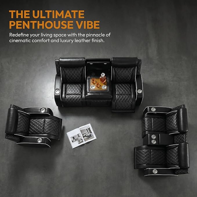 Breathing Leather Power Reclining Sofa with Cup Holders, Living Room Furniture with 2 Recliners, 3 Seater Leather Sofa Couch with Flip-Down Table/USB Port for Living Room/Office/Home Theater