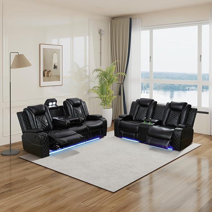Breathing Leather Power Recliner Sofa Set, 2 Piece Leather Couch and Loveseat Set, Living Room Furniture Set with Storage Console/LED Lighting (Black, Sofa+Loveseat)
