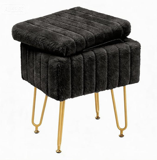 DUMOS Vanity Stool Chair, Ottoman with Storage, Makeup Cute Soft Small Footstool, Modern Style Faux Fur Seat with 4 Metal Legs & Adjustable Feet for Dressing, Living Room, Bedroom, Dorm, Black