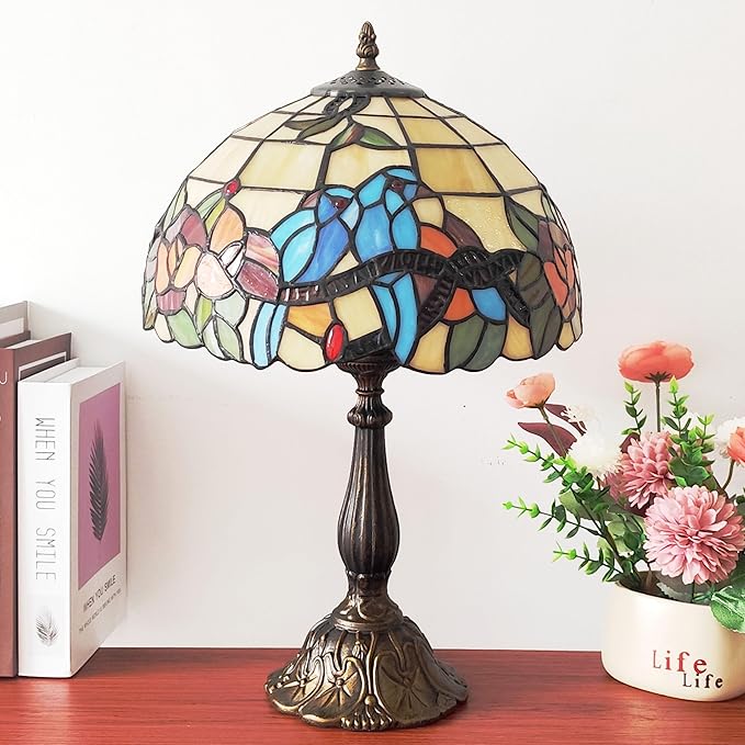 Tiffany 3-Color Stained Glass Lamp - Vintage Beside Reading Lamp, 12 inch Living Room Light, Flowers Style Antique Nightstand Light (Brids Flowers)