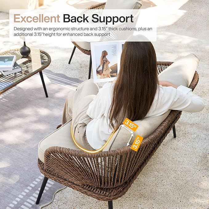 Tribesigns 4-Piece Outdoor Patio Furniture Set, Rattan Wicker Conversation Furniture Set with Removable Cushions and Glass Coffee Table for Garden, Pool, Porch, Balcony (Brown)