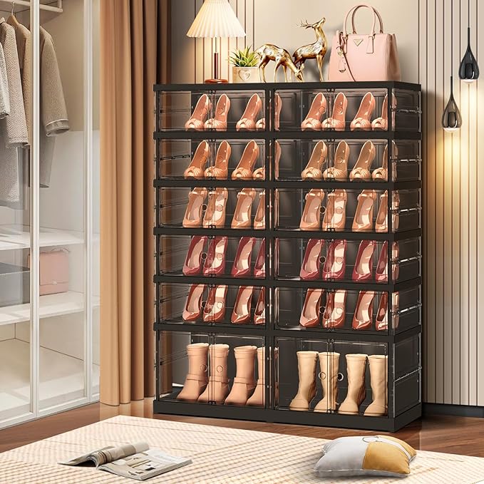 6-Tier Foldable Shoe Rack for Closet Entryway 12-24Pairs,Stackable Clear Shoe Storage Boxes Organizer with Door Plastic Shoe Cabinet Bins with Lids Shoes Shelf Easy Assembly Large Black
