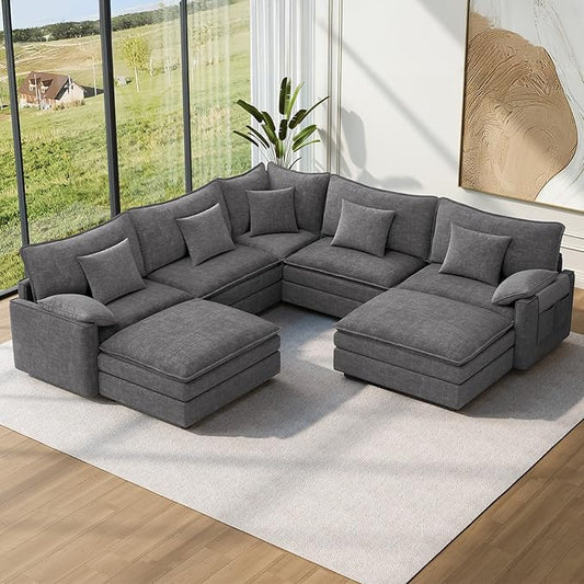 Vesgantti 101" V-Shaped Corner Couch Sectional, 7 Seat Customizable Modular Cloud Couches with Movable Ottoman, Chenille Deep Seat Sofa Set with Chaise for Living Room, Bedroom and Apartment, Gray | Sink-in Comfort, Height Adjustable, Easy Rearrangemen...