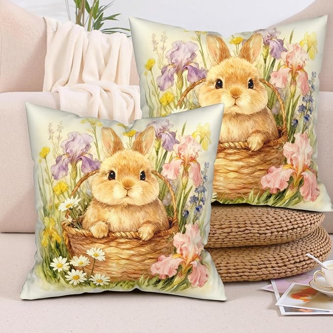 Easter Pillow Covers Lovely Flowers Bunny Throw Pillow Covers 20x20 Watercolor Rabbit with Iris Daisy Floral Pillow Cases Easter Decorations for Home Outdoor Spring Decor 2 Pack