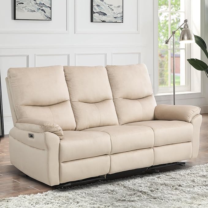 3 Seater Power Reclining Sofa, Loveseat Recliner Sofa Reclining Couch with Drop-Down Table & Cup Holders, Wall Hugger Sofa Recliner for Living Room Furniture Sets (Beige)