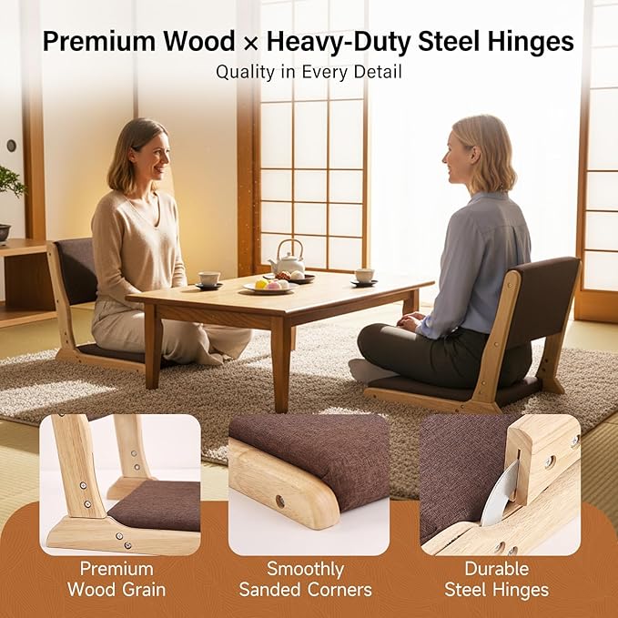 Tiita Floor Chair with Back Support, Foldable Meditation Tatami Chairs, Backrest Chair with Cushion, Living Room Chair Seat 4 Pack, Wood Brown