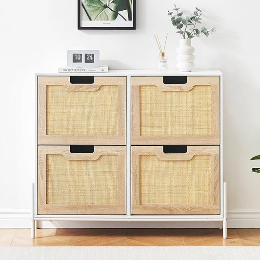 4 Flip Drawers Shoe Storage Cabinet, Rattan Shoe Organizer with Metal Legs, Freestanding Narrow Shoe Rack Cabinet for Entryway, White