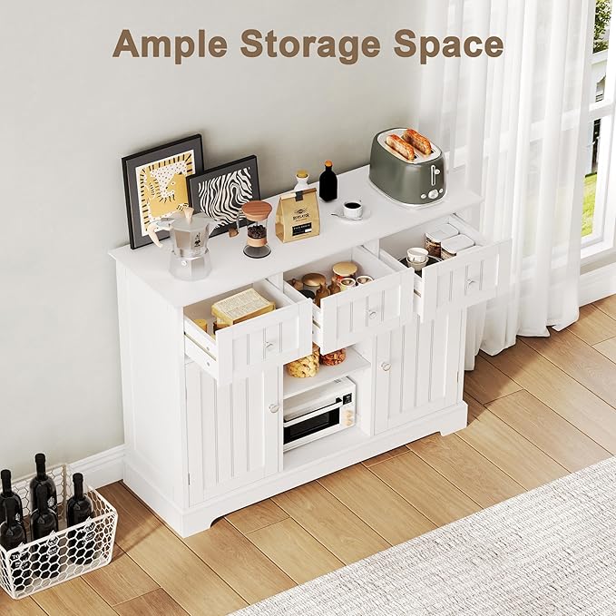 ChooChoo Buffet Cabinet, Coffee Bar with Drawers and Doors, Sideboard Storage with Shelves for Kitchen, Dining Room, Living Room, White