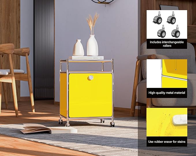 Matte Storage Cart with Flap Door, Large Capacity Storage Cart with Detachable Wheels, DIY Modern Home Furnishing, Great for Home, Office, Bedroom, Kitchen (Matt Yellow)