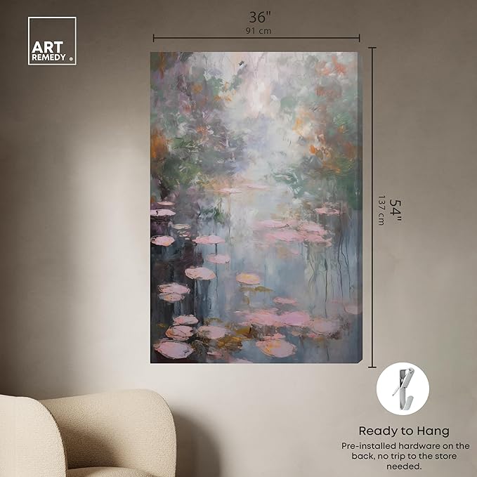 Art Remedy Pink Impressionisty Lilypads Gallery Wrapped Impressionism 1 Piece Canvas Wall Art/Monet And Van Gogh Inspired Art, 36" x 54", Gallery Wrapped