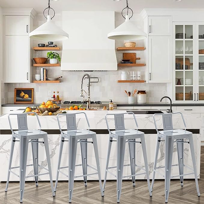 Tongli Metal Bar Stools Set of 4 Barstools Counter Height Bar Stools with Back Industrial Bar Stool Indoor Counter Stool Kitchen Island Stools Modern Bar Chair 24 inch Silver