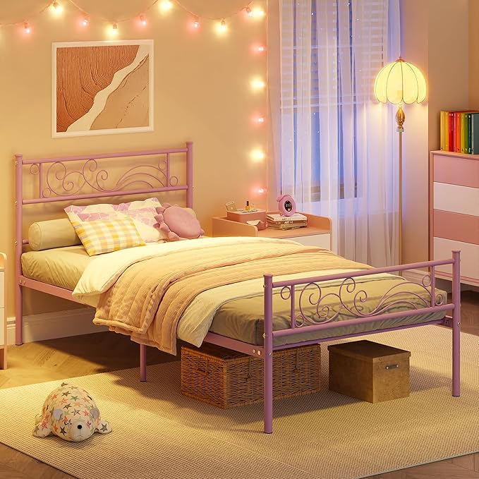 Weehom Twin Bed Frames with Headboard, Metal Platform Bed Heavy Duty Steel Slat Under Bed Storage for Kids Purple