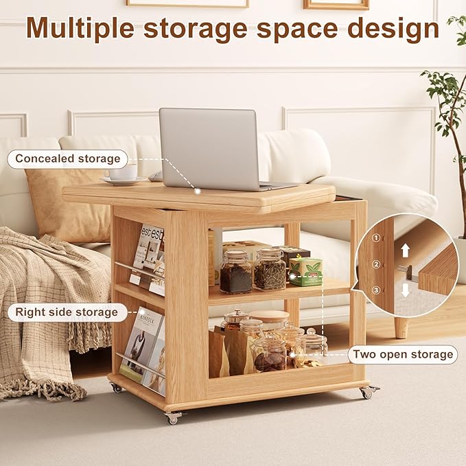 Folding Dining Table with Wheels, Solid Wood Dining Table Stylish 2-Tier Design for 2-4,Natural Hidden Storage for Living Room,Small Spaces, Dining Room, Kitchen