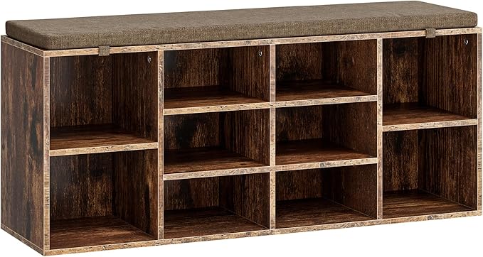 Shoe Bench, Storage Bench with Padded Seat, 10 Cubbies Storage Entryway Bench, for Living Room, Bedroom, Hallway,Brown