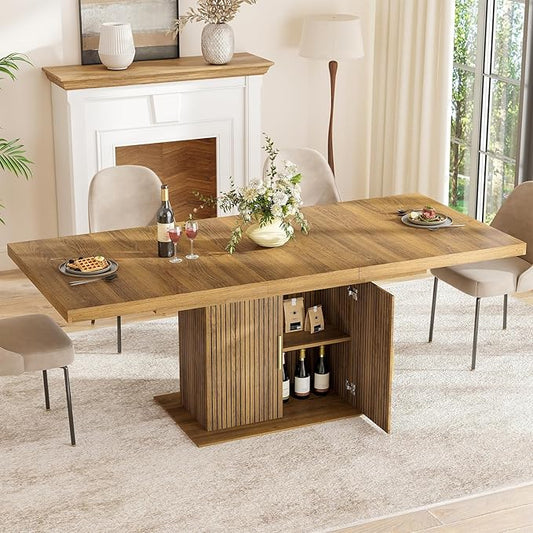 62.99"-78.74" Expandable Dining Table with Storage, Extendable Dining Table for 6-10 People, Extra Hidden Storage for Tableware & Wine, Modern Farmhouse Table for Kitchen Living Room-Brown