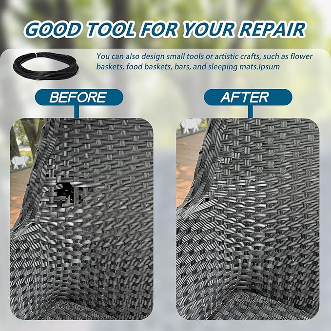 SUQ I OME Wicker Repair Kit, 230Ft/70m Synthetic Rattan Repair Material Waterproof Flat Ribbon for Garden Patio Furniture and Rattan Chair Sofa Basket(8mm W x1.2mm THK)-Black Stripes