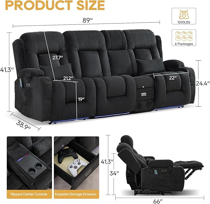 IPKIG Power Recliner Sofa with Flip-Up Backrest Console, USB & USB-C Ports, AC Outlet, LED Lights, Wall Hugger Recliners for Living Room, RV (Charcoal, 89" - 4 Seat) | Velvet Fabric, Zero Gravity, Dual Reclining, 2 Lumabr Pillow, Bluetooth Speakers