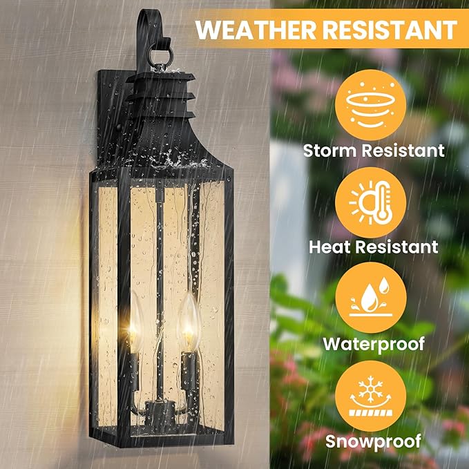 22" Large Outdoor Wall Lights, 2-Pack Black Porch Lights with Clear Glass, Waterproof Exterior Lighting Fixtures, E12 Socket Modern Farmhouse Wall Sconces Lantern for House Garage, Aluminum Frame