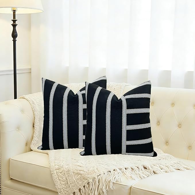 Slow Cow Pack of 2 Stripe Patchwork Throw Pillow Cover Cushion Cover Pillow Cover for Sofa Couch 18 x18 Inches