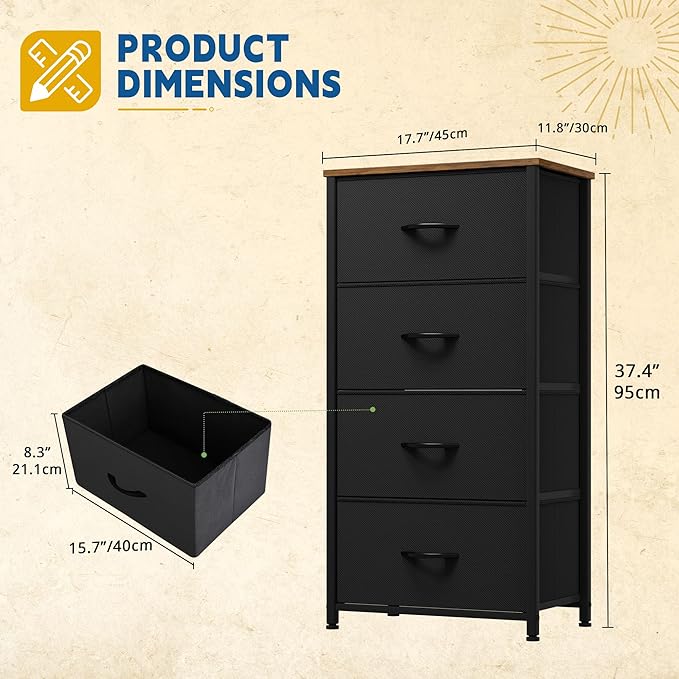 DWVO Dresser with 4 Drawers - Fabric Dresser, Organizer Unit for Bedroom, Living Room, Closets - Sturdy Steel Frame, Easy Pull Fabric Bins & Wooden Top