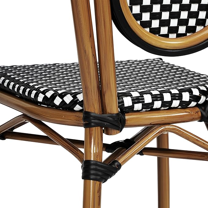 Flash Furniture Lourdes Indoor/Outdoor Commercial Thonet Bistro Stack Chair - Black/White PE Rattan Back and Seat - Natural Bamboo Print Metal Frame - 4 PK