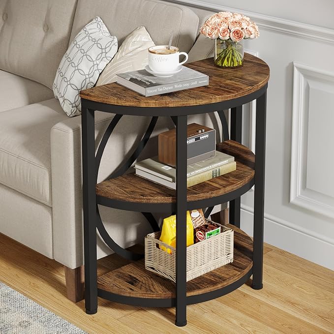 LITTLE TREE Half Round End Table, 3-Tier Narrow Side Table with Metal Frame, Half Circle Table, Half Moon Small Coffee Accent Table Bedside Table for Living Room, Bedroom