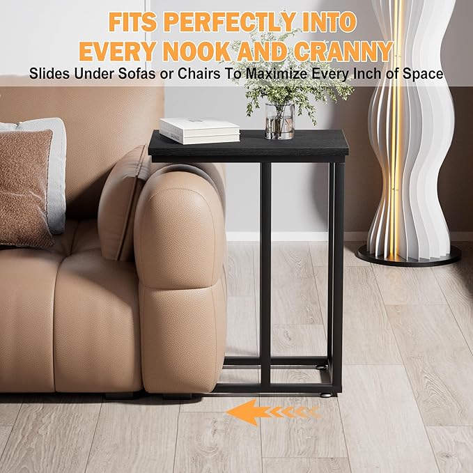 VECELO Universal C-Shaped Side Table, Multi-Functional Snack & TV Tray for Living Room, Bedroom, Black (2 Set)
