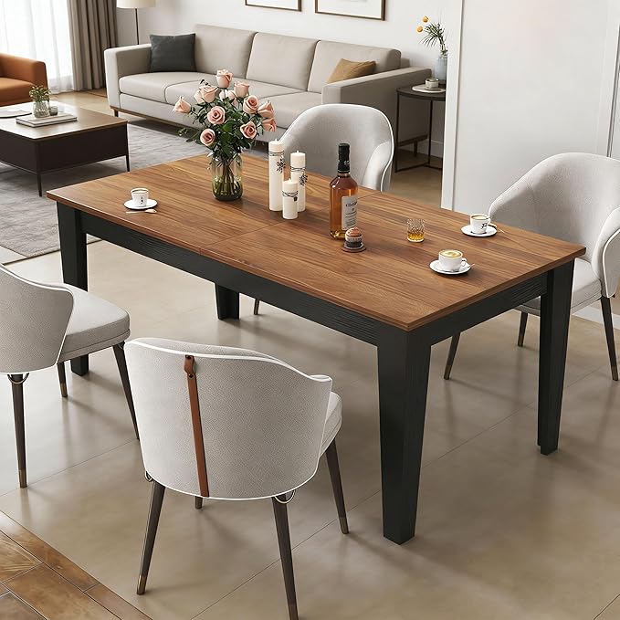 71" to 106" Expandable Dining Table, Modern Large Table for 6-10 People, Space-Saving Extendable Kitchen & Office Table, Brown and Black