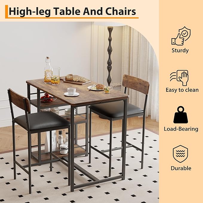 GAOMON Dining Table Set for 2, Counter Height Kitchen Table and Chairs, Bar Table Set with 2 Upholstered Bar Stools, 3 Piece Dining Room Table Set for Small Space, Apartment, Retro Brown