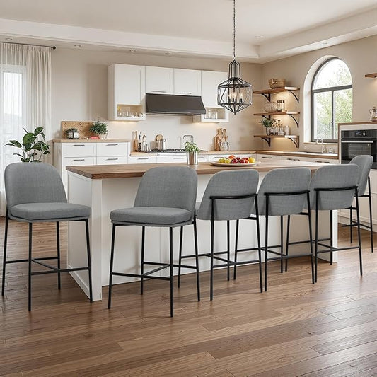 Bar Stools Set of 6, Modern Upholstered Counter Height Bar Chairs with Cushioned Seat and Curved Back, Fabric Kitchen Island Stools with Sturdy Metal Legs for Dining Room Island Bar, Dark Grey