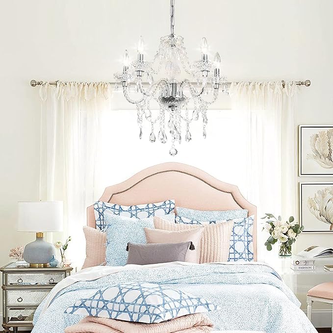 PAPAYA Plug-in 5 Light Crystal Hanging Pendant Lights Acrylic Chandelier with Clear Cord & On/Off Switch H19 D19.7 for Kitchen Island Girls' Room Dining Area Laundry Pavilion.