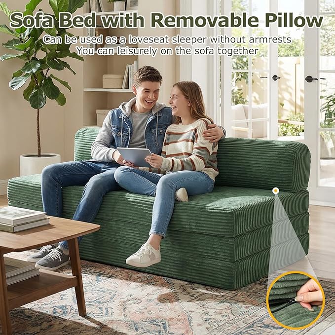5-in-1 Convertible Sofa Bed, Boneless Loveseat Sleeper with Removable Cushions & Washable Cover, Futon Sofa Bed with Handle, Pull Out Couch for Small Spaces, King Size, Green