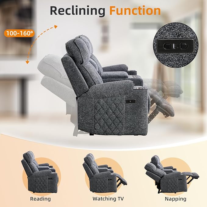 EBELLO Power Reclining Sofa Couch, Fabric Electric Recliner Loveseat Sofa with Cup Holders, USB Type-C Charging Ports and Storage Space, 2 Seats for Small Living Room, Bedroom and Meeting Room, Grey