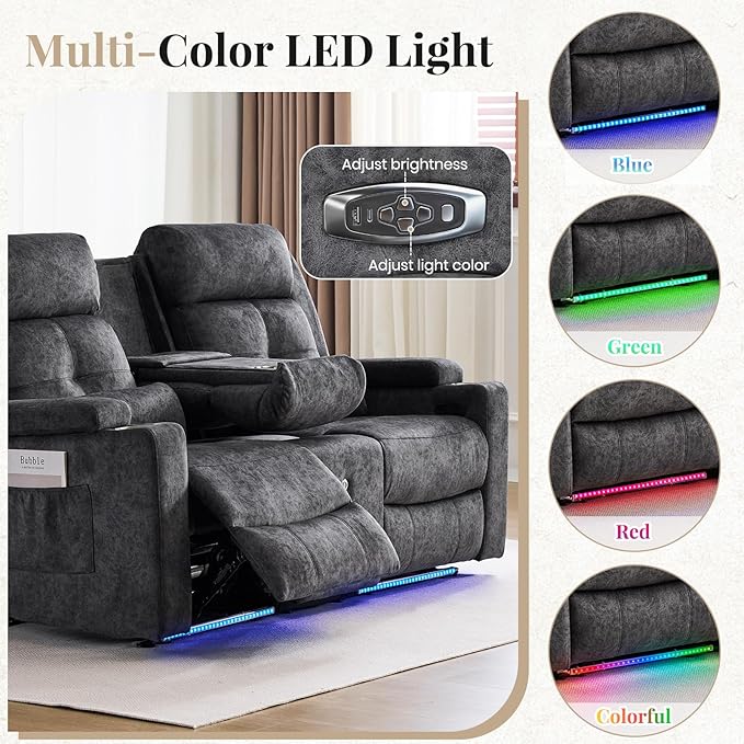 RV Power Loveseat Recliner Sofa with Console|RV Reclining Loveseat with Bluetooth Speaker & LED Light | RV Wall Hugger Double Recliner Loveseat Sofa 3 Pillows (Velvet Gray) | LED Light, Double Seat, Hidden Storage, Comfy Velvet