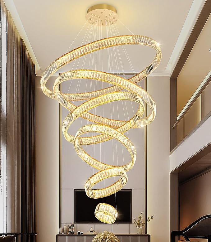 Large Ring Chandelier Modern Crystal Chandeliers for High Ceiling Round LED Dimmable Ceiling Light Fixture for Foyer Long Stair Gold 8''+16''+24''+32''+40''+47''