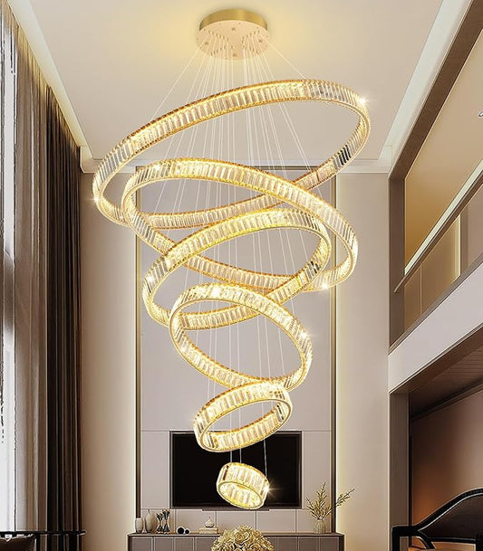 Large Ring Chandelier Modern Crystal Chandeliers for High Ceiling Round LED Dimmable Ceiling Light Fixture for Foyer Long Stair Gold 8''+16''+24''+32''+40''+47''