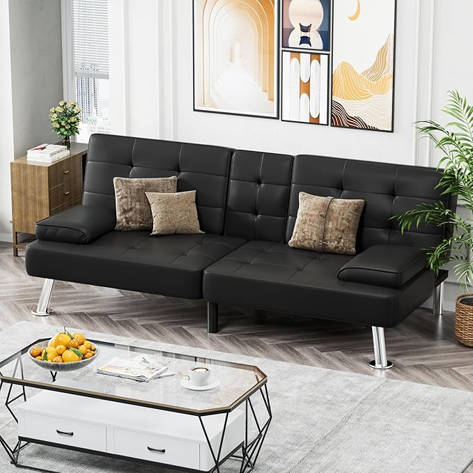 Homall Futon Sofa Bed, Leather Futon Couch with Removable Armrests, Adjustable Recliner Sleeper Sofa Bed with Dual Cup Holders for Living Room, Apartment, Office (Black), 30.7 x 65 x 28