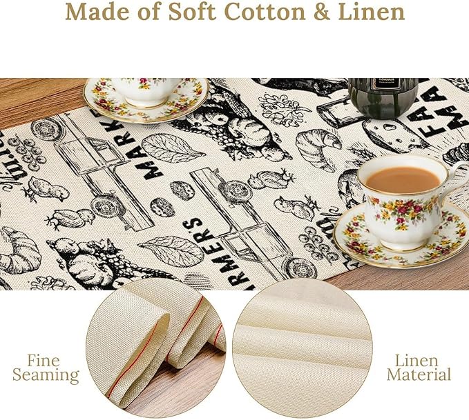 Vintage Tractor Milk Farm Table Runner Retro Western Country Farmhouse Animal Food Chicken Pumpkin Cow House Fall Kitchen Dining Table Decoration for Living Room Holiday Outdoor Home Party 13x90in