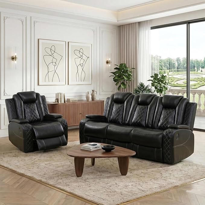 Power Recliner Sofa Set, Air Leather Reclining Couch with LED/Cup Holders/Storage, 2 Pieces Reclining Living Room Furniture, Black Leather Sofa and Chair for House/Apartment/Office