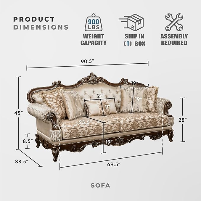 Lexicon Traditional Sofa Couch for Living Room, Rolled Arm Sofa with 5 Accent Pillows, Tufting, Queen Legs in Cherry Finish with Gold Tipping, Upholstered Living Room Furniture, 3 Seater Couch, Brown