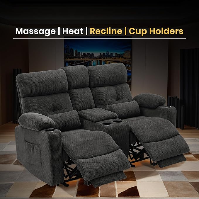 GUEAPY 68" Power Reclining Loveseat with Heat & Massage, Wall Hugger Double Reclining Sofa with Console, Cup Holders & Storage, Power Recliner Couch for Camper, Trailer, RV, Home Theater Living Room