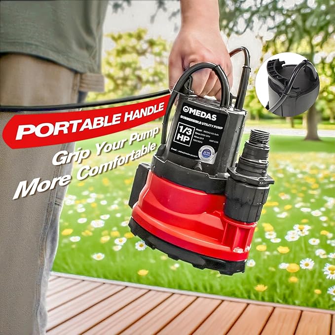 MEDAS Automatic Submersible Pump 1/3HP 2450GPH Sump Pump, Auto On/Off with Smart Sensor, Drains to 0.04", Portable Utility Water Pump for Basement, Pool, Garden Pond