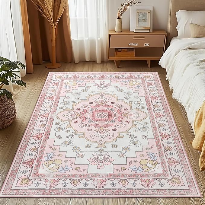 MOSISO 3x5 Area Rug for Living Room, Washable Area Rug, Non-Slip Vintage National Area Rugs, Low Pile Carpet, Faux Wool Rectangular Area Rugs Carpet for Living Room Bedroom Dining Room, Home, Pink