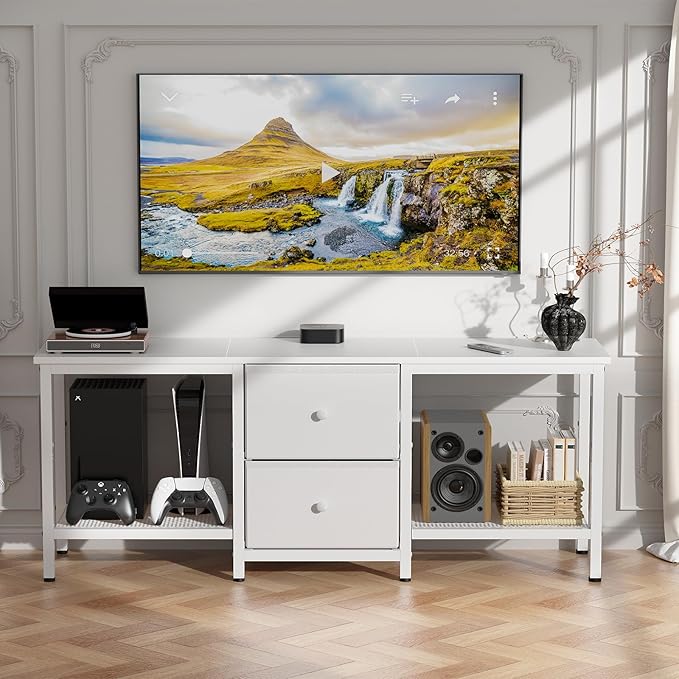 TV Stand Suitable for TVs up to 55 Inches, Entertainment Center with Storage Drawers and Shelves, Media Console Table for Living Room and Bedroom (White)