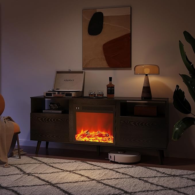WLIVE Fireplace TV Stand for 55 65 Inch TV, Mid-Century Entertainment Center with Electric Fireplace, Media TV Console with Extra Open Shelf & Storage Cabinets for Living Room, Bedroom, Black