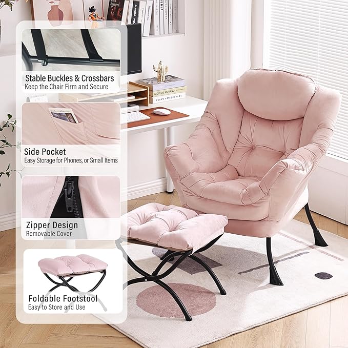 Lazy Chair with Ottoman, Modern Chair with Folding Footrest, Velvet Pink Accent Chair, Comfortable Reading Chair, Oversized Armchairs for Bedroom, Study, Living Room, Courtyard