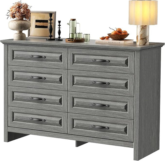 Marsail 8-Drawer Farmhouse Dresser, Solid Wood Storage Space, Sturdy Wide Chest with Smooth Glide Drawers & Anti-Slip Kit, for Bedroom or Hallway, Dark Grey