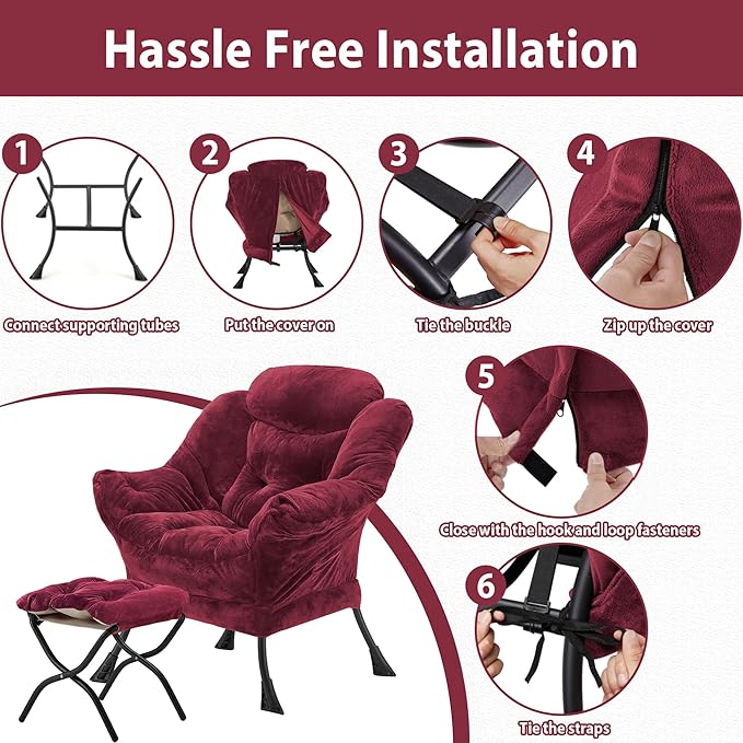 Lazy Chair with Folding Ottoman, Accent Chair Plush Upholstered with Metal Structure and Non-Slip Pads, Sofa Armchair with Footrest and Side Storage Bag for Dorm, Room, Office, Rose Red